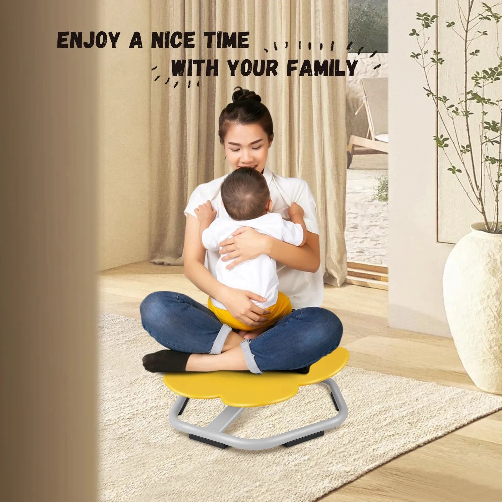 A woman sits with a child on a yellow stool in a well-lit room with beige curtains and a large houseplant. Text above says, Enhance coordination and enjoy family time with the Playful Elephant Spin Sensory Chair for Kids - Safe Swivel Seat for Toddlers and Young Children.