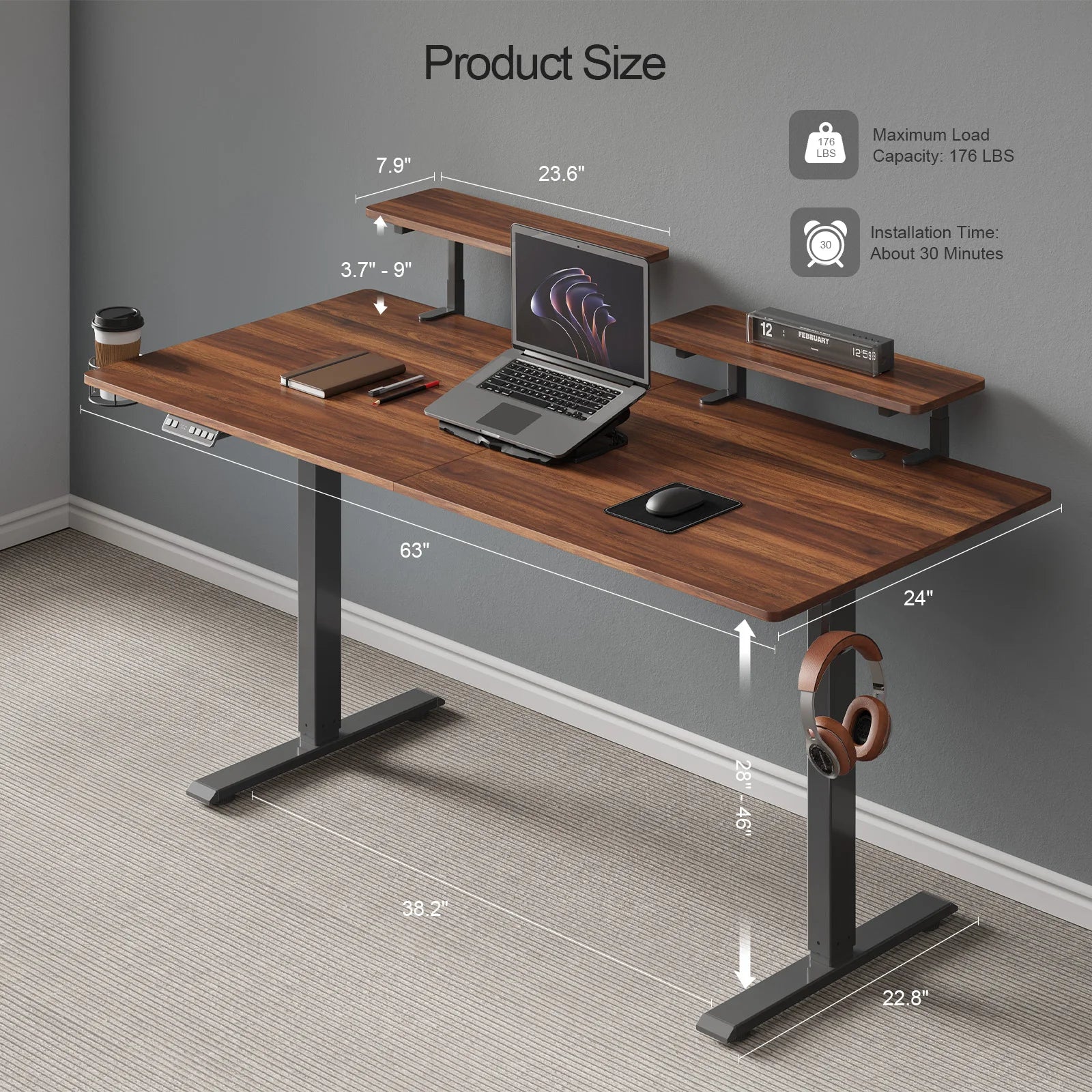 The Standing Desk w/ 2 Adjustable Monitor Shelves Electric Stand Up Desk features labeled dimensions, hooks for headphones and bags, a 176 lbs max load, and installs in just 30 minutes. Shown with laptop, coffee cup, phone, and mouse.