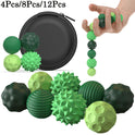A hand holds textured green silicone magnetic balls from the 4Pcs/8Pcs set for adults to calm restless hands and anxious minds. Other fidget toys and a black zippered case are also shown. Text reads 4Pcs/8Pcs/12Pcs.