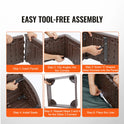 Six-step visual guide for assembling the SucceBuy Sandbox w/ Cover: insert panels, clip into corners, screw L-shaped brackets, attach seats, repeat for each corner, and place bottom liner. Hands show each step.
