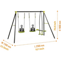 The interesting triple children metal safe swing set from Mainland China seats three, holds up to 440 lbs, and is sized 1360mm W x 2560mm L x 1800mm H. Black and green, for ages 3+, its easy to assemble for any outdoor playground.