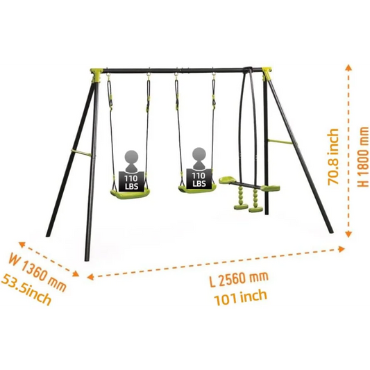 The interesting triple children metal safe swing set from Mainland China seats three, holds up to 440 lbs, and is sized 1360mm W x 2560mm L x 1800mm H. Black and green, for ages 3+, its easy to assemble for any outdoor playground.