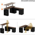 Illustration of the L Shaped Electric Standing Desk with Drawers and Shelves, featuring a section that elevates vertically. The lower panel shows users sitting and standing, highlighting its industrial-grade steel frame.