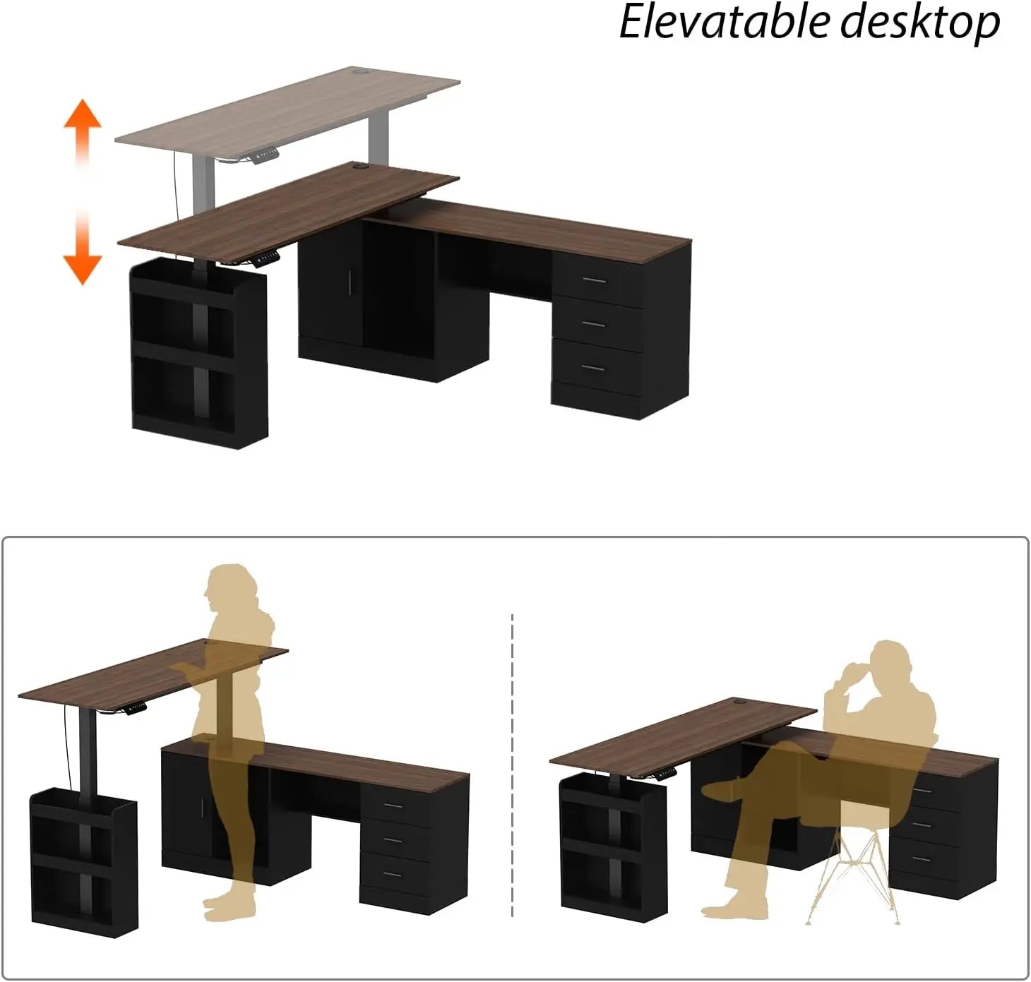 Illustration of the L Shaped Electric Standing Desk with Drawers and Shelves, featuring a section that elevates vertically. The lower panel shows users sitting and standing, highlighting its industrial-grade steel frame.