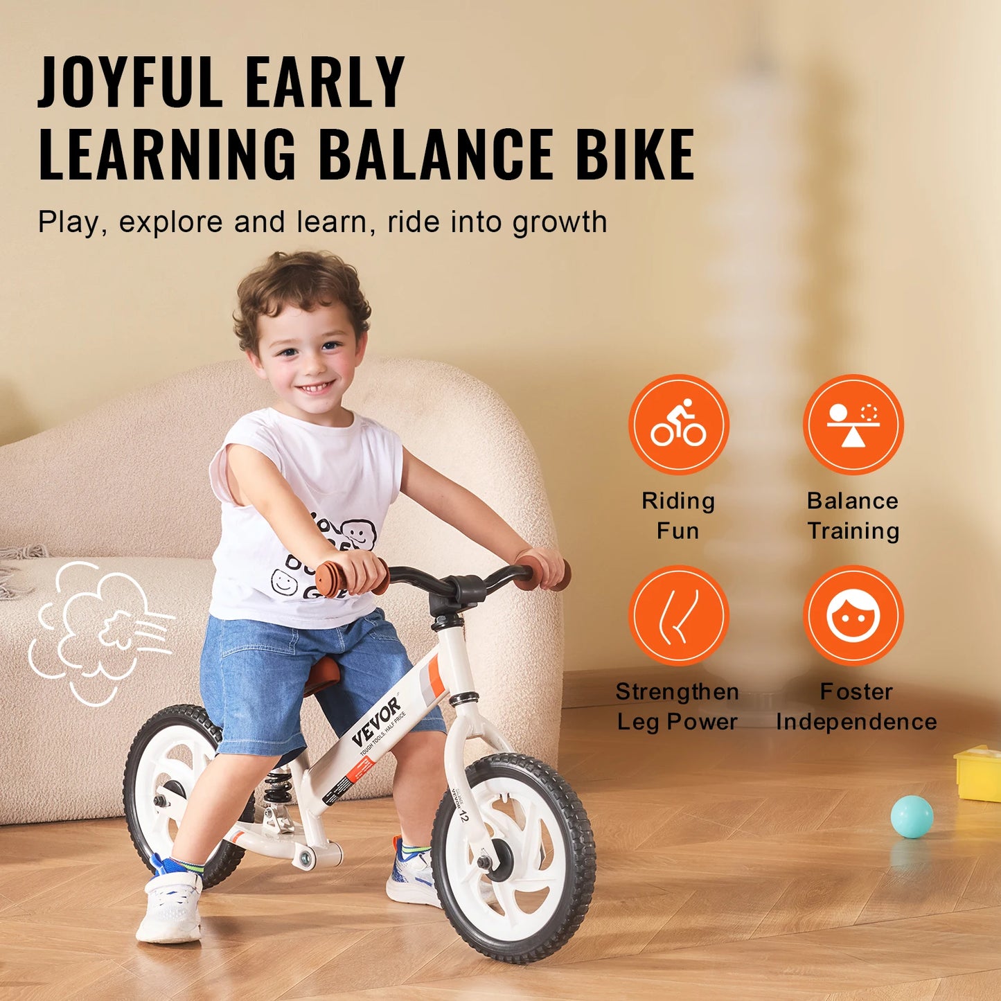 VEVOR 12" Carbon Steel Balance Bike for Toddlers - Adjustable Seat & Handlebar, EVA Foam Tires, Ideal for Boys & Girls Ages 1-5, Max Weight 55 lbs