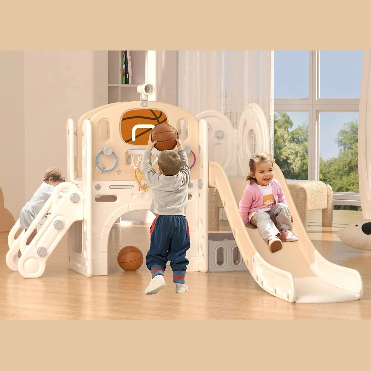 Two children play indoors; a boy shoots a basketball at the hoop on the beige coffee 8 In 1 Toddler Slide Set With Basketball Hoop For Kids, while a girl slides down the climber. Another basketball sits on the wooden floor.