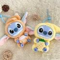 Two adorable Kawaii Accessories Stitch Plush Toy keychains from the Eat Something Before Sleep Series, perfect as Lilo & Stitch backpack pendants or cute accessories for girls, feature fun animal costumes and rest on a soft beige surface.