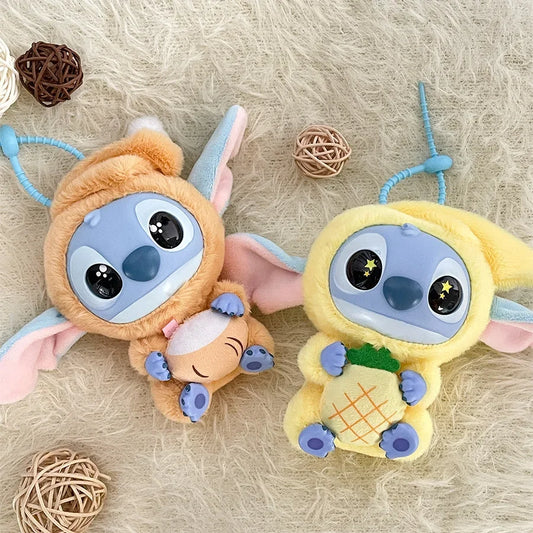 Two adorable Kawaii Accessories Stitch Plush Toy keychains from the Eat Something Before Sleep Series, perfect as Lilo & Stitch backpack pendants or cute accessories for girls, feature fun animal costumes and rest on a soft beige surface.
