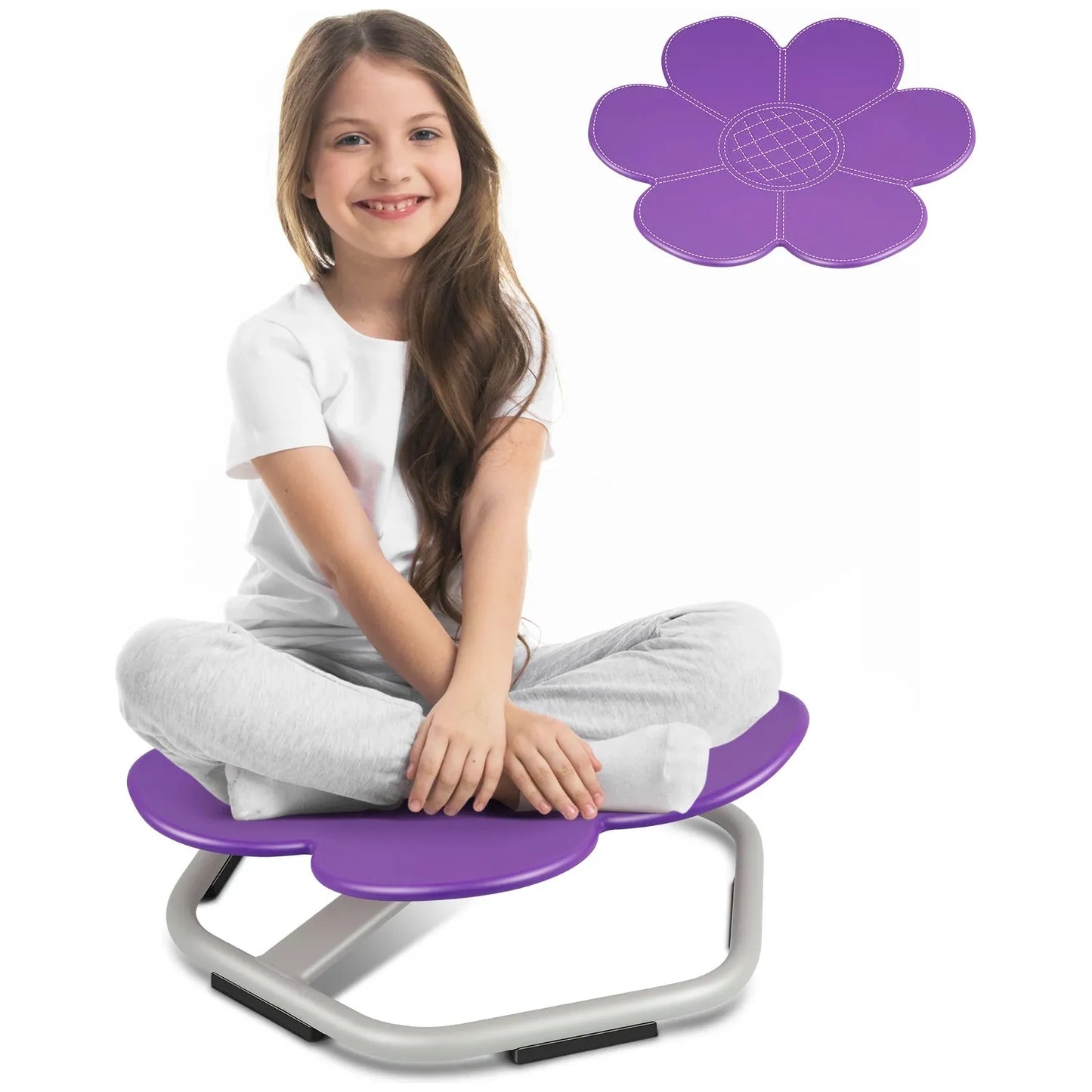 A girl with long hair sits cross-legged on a purple Playful Elephant Spin Sensory Chair, designed for balance and coordination. The metal frame supports her while she wears a white shirt and gray pants. A matching purple cushion is shown in the upper right, emphasizing this fun sensory toy.
