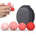 A hand holds two 4Pcs Red Silicone Magnetic Balls for stress relief, ideal for calming restless hands and anxious minds, with four differently textured balls and a round black zippered carrying case in the background.