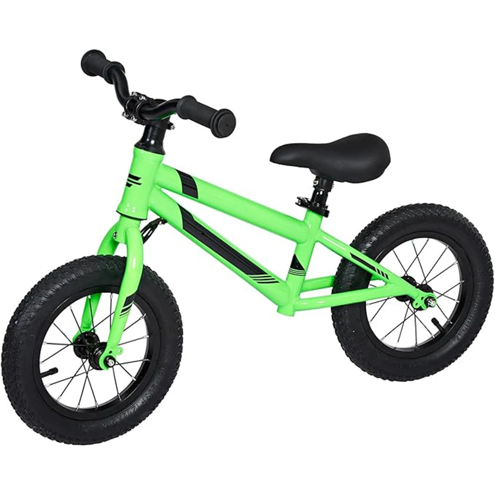 The 12 Inch Balance Bike for Kids features a bright GREEN frame, black handlebars and seat, adjustable seat and handlebar, lightweight aluminum frame, and padded seat—perfect for developing toddler gross motor skills.