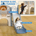 A young girl in a white dress slides down the gray 8 In 1 Toddler Slide Set With Basketball Hoop For Kids, featuring labeled zones: Speed-up Zone, Speed-down Zone, and Stop Zone. An inset shows a toddler climbing up the playset.