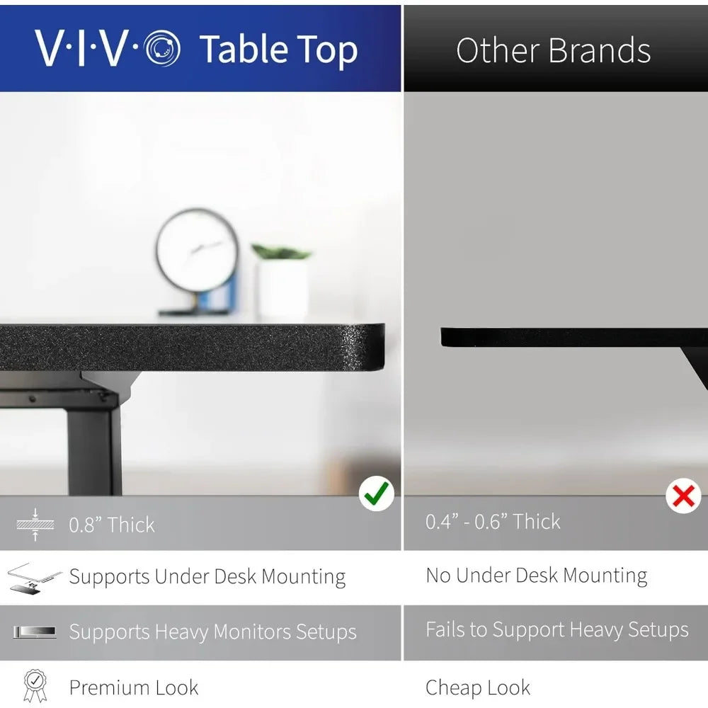 Comparison image featuring the Electric Height Adjustable 63 x 55 Inch Corner Stand Up Desk on the left—ideal for L-shaped standing workstations and equipped with a powerful motor—versus a thinner, less sturdy “Other Brands” tabletop on the right.