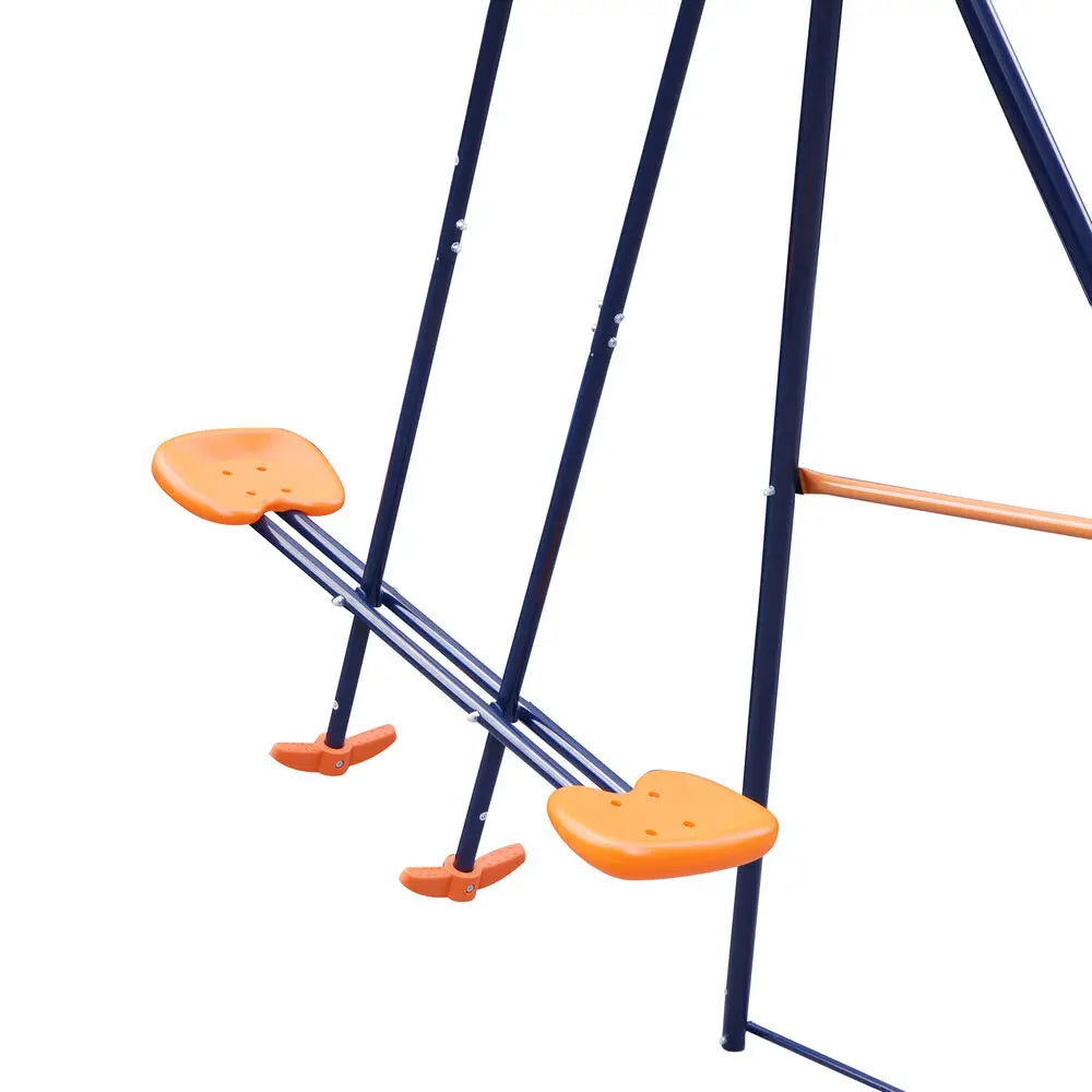 A close-up of the Durable Double Swing Set Garden Swing with 1 Seesaw Set for Children, featuring two orange plastic seats and blue frame, next to a colorful kids outdoor play tent.