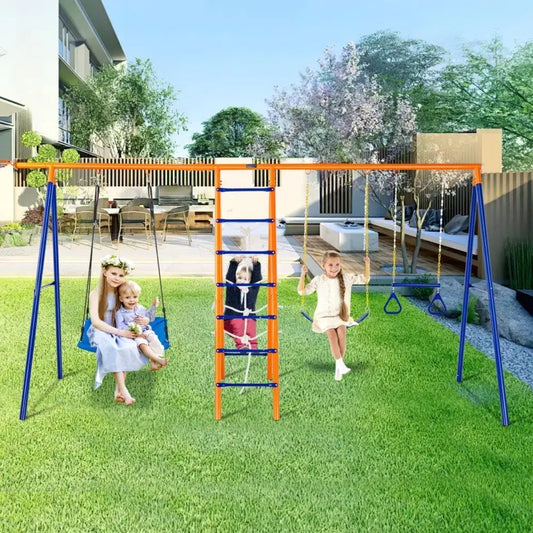 Three children play on the 6 in 1 Metal Swing Set for Kids (440lbs capacity), enjoying swings, a rope ladder, and trapeze. This durable playground equipment brightens the backyard with lush grass, trees, and a house in view. Color as shown.