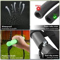 Four panels showcase our Tree Swing with PP Mat: waterproof fabric, two types of foam tube covers, a sturdy plastic handrail, and anti-slip screws securing the black rope to the 40-inch green saucer seat.
