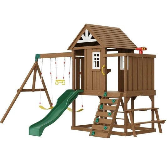 The Wooden Swing Set 9 IN 1 Outdoor Playground Sets features a clubhouse with windows, a 6 FT green slide, two swings, yellow trapeze bar, climbing wall, stairs, and red toy telescope. Made for chemical-free assembly. Color as pictured.