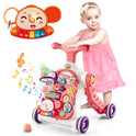 A smiling baby stands holding the red VATOS Baby Walker 5 in 1 Sit-to-Stand Learning Scooter, featuring lights, buttons, and music. A separate monkey-shaped musical toy and floating musical notes are also shown.
