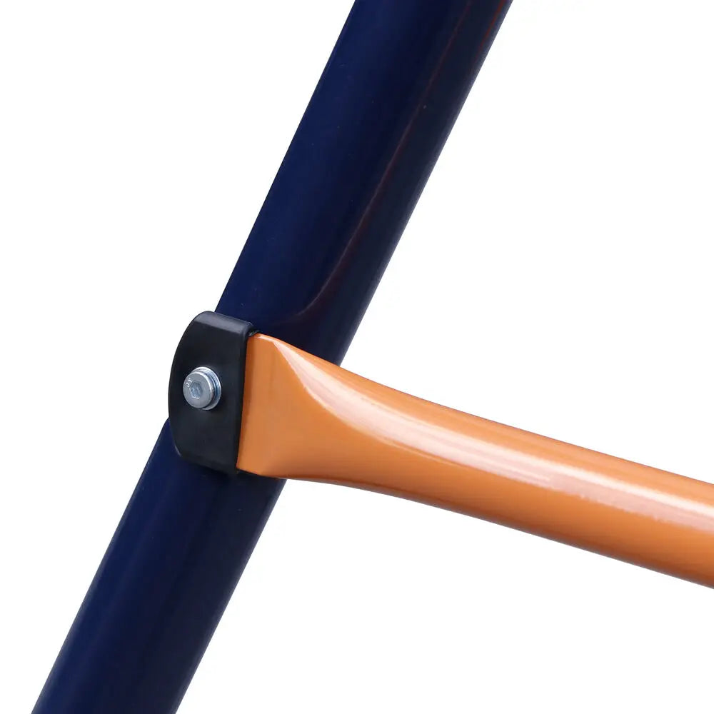Close-up of a joint where an orange bar meets a dark blue frame, connected by bolt and black bracket—part of the Durable Double Swing Set Garden Swing with 1 Seesaw Set for Children.