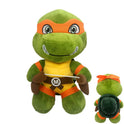 This 25cm Ninja Turtles plush doll, part of the TMNT Plush Dolls collection, features an orange mask and M belt buckle, with an orange ribbon and green shell on the back—perfect for kids and TMNT fans!.
