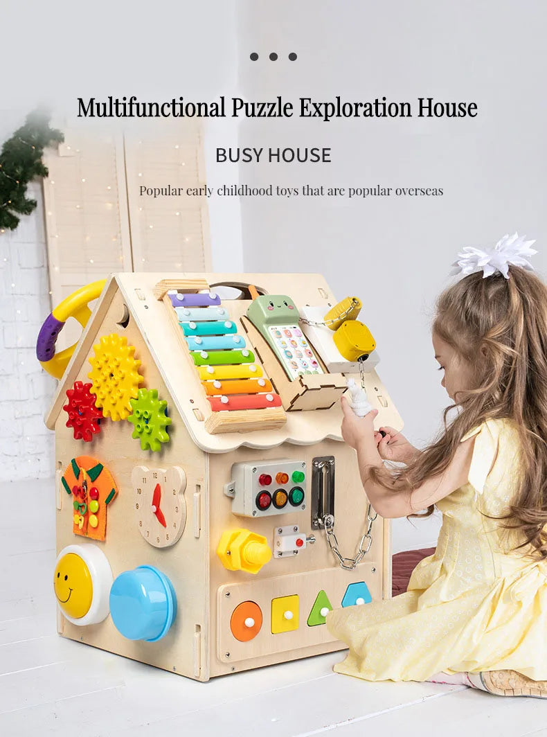 Montessori Busy House Wooden Educational Toy for Toddlers - Interactive Learning Activity Board for Ages 1+