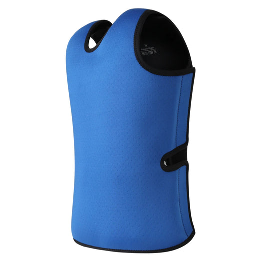 Sensory Compression Vest for Kids with Autism, Hyperactivity, or Mood Disorder—soft blue neoprene with black trim and side hook-and-loop fasteners, shown upright against a white background.