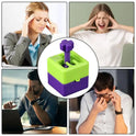 Four people appearing stressed surround a central image of the Manual Gear Shifter Keychain, a 3D printed fidget toy and mood enhancer in green and purple with a flower-shaped handle—perfect for stress relief at work, school, or outdoors.