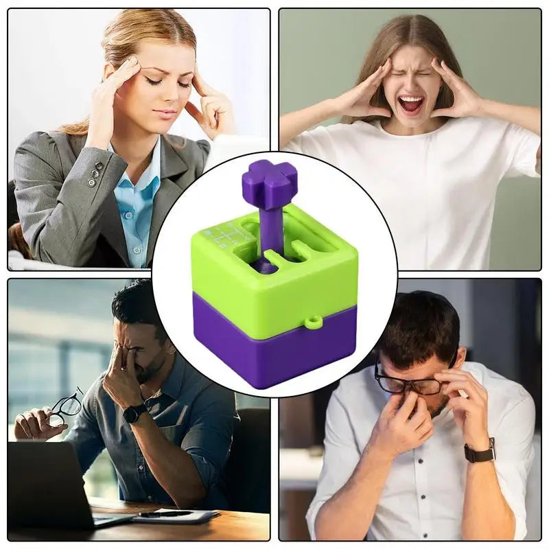Four people appearing stressed surround a central image of the Manual Gear Shifter Keychain, a 3D printed fidget toy and mood enhancer in green and purple with a flower-shaped handle—perfect for stress relief at work, school, or outdoors.