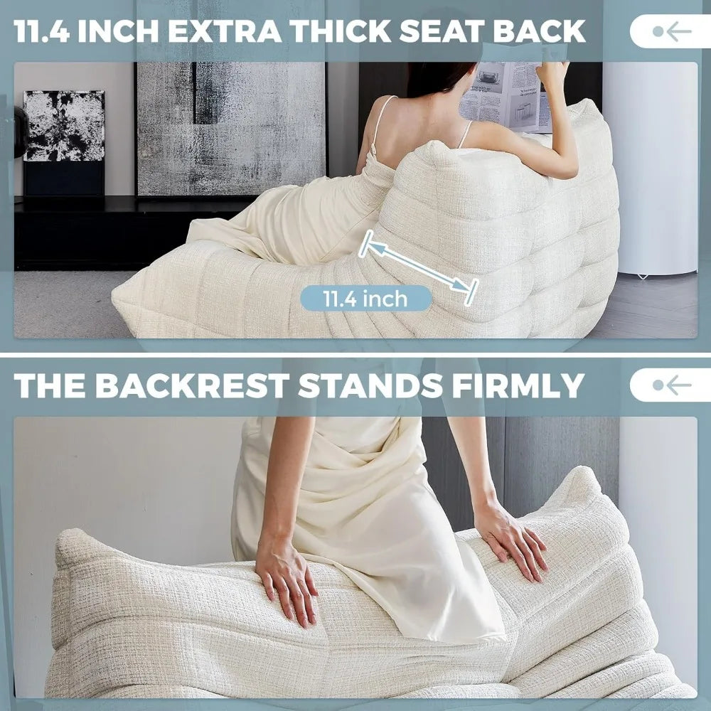 A person in a cream dress sits on the Fireside Loveseat Sofa Couch Modern Chenille Bean Bag Chair, featuring plush textured chenille fabric, an 11.4-inch thick backrest, ergonomic design, extra thick seat back, and firm support.