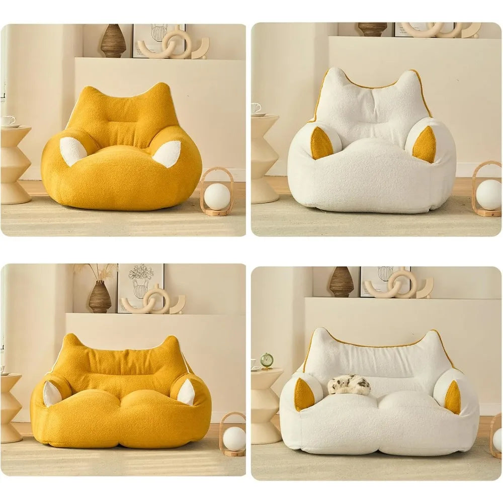 Four cozy bean bag sofas, crafted from premium Teddy Velvet—two in yellow and two in white—add playful charm with cat-ear backs and paw armrests, making them perfect for stylish, minimalist living rooms with neutral decor.