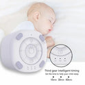 A baby sleeps peacefully as a Portable Sleep Aid Device for Baby with 10 soothing sounds, a creative night light, and timer settings (15, 30, 60 mins) is shown in the foreground, highlighting restful nights at home or while traveling.