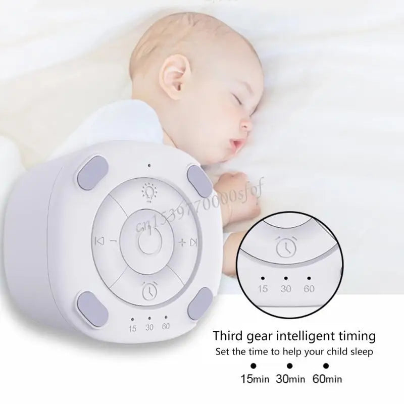 A baby sleeps peacefully as a Portable Sleep Aid Device for Baby with 10 soothing sounds, a creative night light, and timer settings (15, 30, 60 mins) is shown in the foreground, highlighting restful nights at home or while traveling.