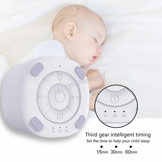 A baby sleeps peacefully as a Portable Sleep Aid Device for Baby with 10 soothing sounds, a creative night light, and timer settings (15, 30, 60 mins) is shown in the foreground, highlighting restful nights at home or while traveling.