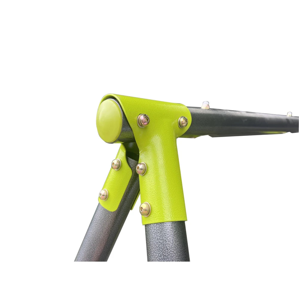 Close-up of a green and black metal joint with bolts from the Interesting Triple Children Metal Safe Swing Set (440lbs), an outdoor playground swing for ages 3+ with three seats, shown against a white background.