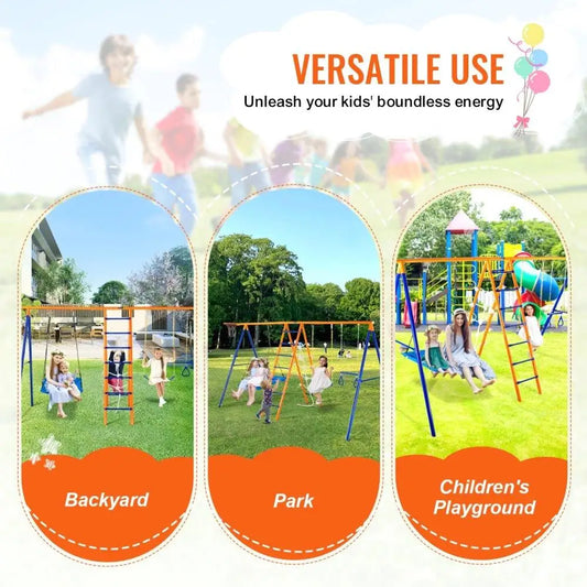 Illustration of kids on the 6 in 1 Metal Swing Set for backyard, park, and playground. Supports up to 440lbs, easy to assemble, durable design—perfect for energetic play. Made from quality materials in Mainland China.