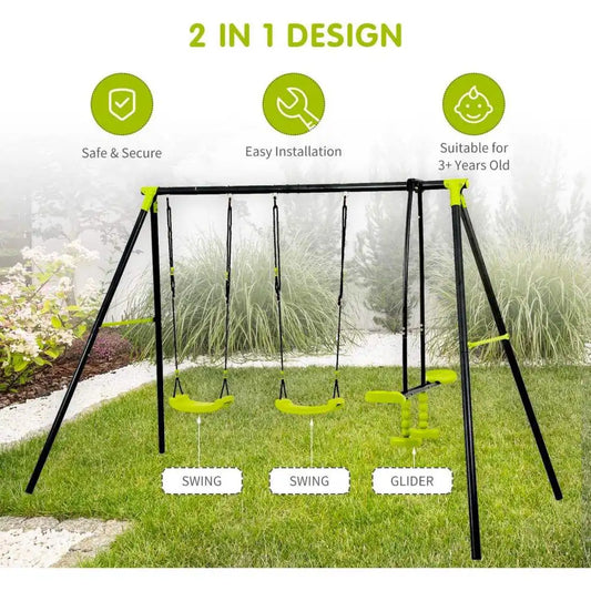 The interesting triple children metal safe swing set supports 440lbs, features three seats, a black and green design, suits ages 3+, and is ideal for outdoor playgrounds. Easy to assemble, chemical-free, made in Mainland China.
