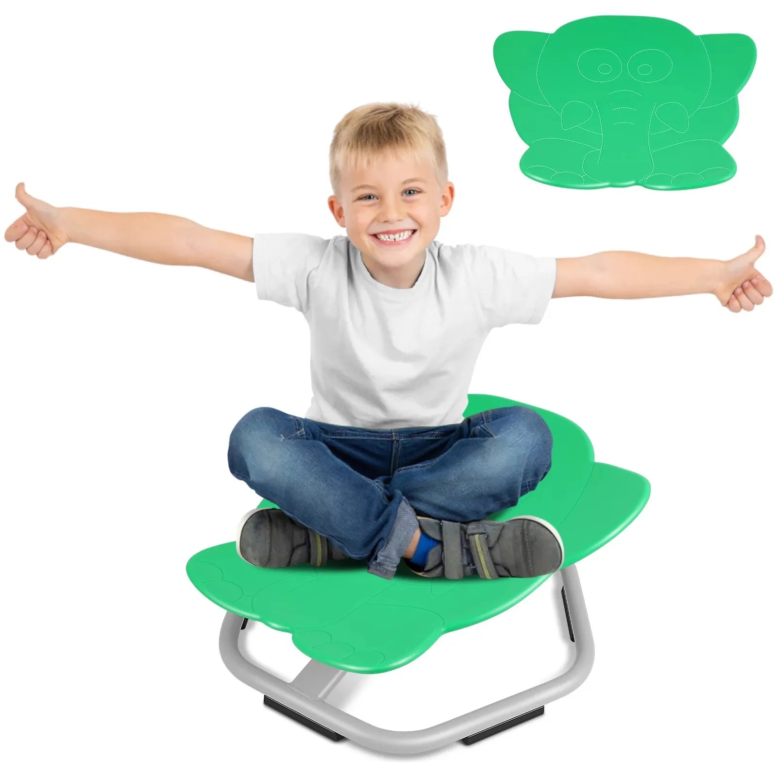 A smiling boy sits cross-legged on a green Playful Elephant Spin Sensory Chair, perfect for balance and coordination, with arms outstretched. Hes wearing a white t-shirt and jeans. Above is an illustration of the chair design.