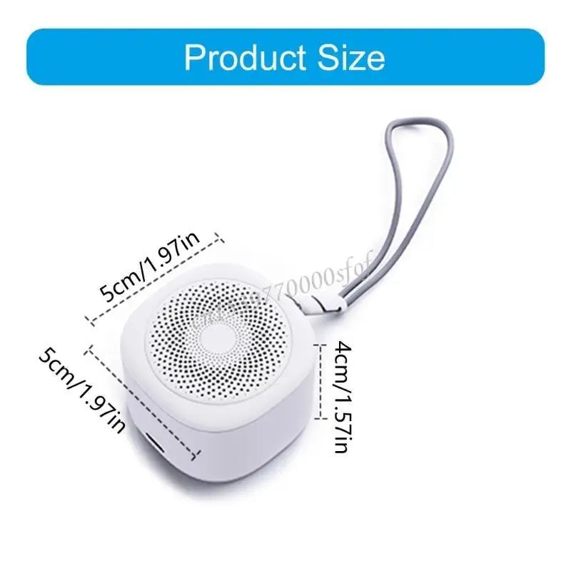 The Portable Sleep Aid Device for Baby features 10 soothing sounds and a night light, ideal for cribs and travel. Compact at 5 x 5 x 4 cm (1.97 x 1.97 x 1.57 in), it includes a wrist strap for easy portability. Text above reads Product Size.