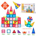 Explore the 50 pcs Montessori Magnetic Building Blocks Set, perfect for interactive learning. Features include squares (18), rectangles (4), large triangles (8), medium triangles (6), small triangles (2), trapezoids (8), and diamonds (4). Packaging located at the top right.