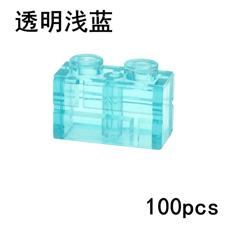 The MOC Transparent Bulk Brick Set in Clear Blue (100pcs) features 1x1, 1x2, 1x4, and 2x4 LEGO-compatible building blocks—ideal for expanding your collection with clear blue wall panels and house parts.