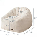 The Giant Bean Bag Chair is an oversized, cream faux fur shell-shaped seat (33H x 43D x 47W; seat: 25.5W x 25.5D x 15.7H; backrest: 17.7H), easy to assemble and made in the USA, perfect for adults and kids.