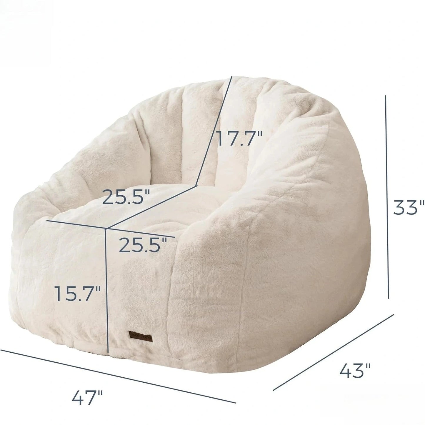 The Giant Bean Bag Chair is an oversized, cream faux fur shell-shaped seat (33H x 43D x 47W; seat: 25.5W x 25.5D x 15.7H; backrest: 17.7H), easy to assemble and made in the USA, perfect for adults and kids.