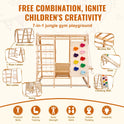 The SucceBuy Indoor Jungle Gym 7-in-1 is a solid pine wood playground for ages 2-6, featuring a swing, slide, climbing wall, ladders, net ladder, and monkey bar to boost physical skills, strength, and creativity.