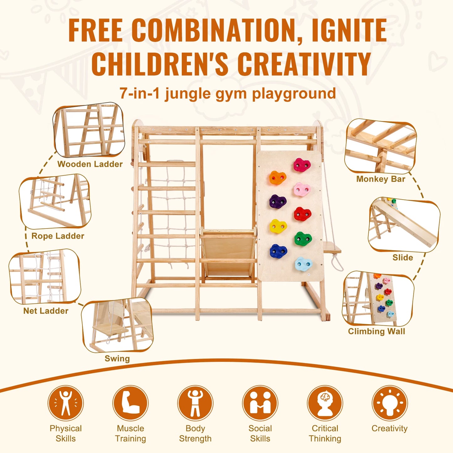 The SucceBuy Indoor Jungle Gym 7-in-1 is a solid pine wood playground for ages 2-6, featuring a swing, slide, climbing wall, ladders, net ladder, and monkey bar to boost physical skills, strength, and creativity.