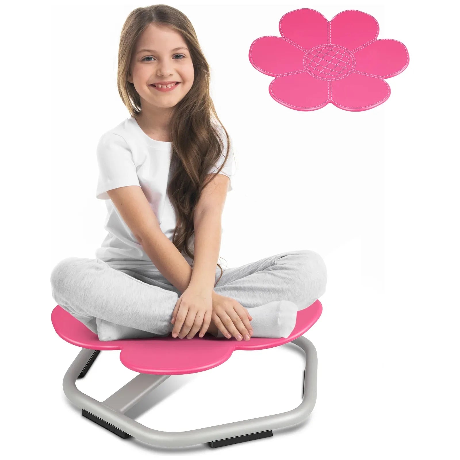 A smiling girl with long hair, in a white shirt and gray pants, sits cross-legged on a pink Playful Elephant Spin Sensory Chair for Kids—a great tool for balance and coordination. An alternate view of this pink sensory toy appears in the top corner.
