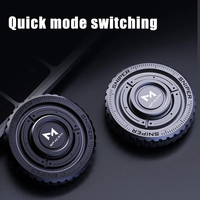 Two round Metal Fingertip Spinner EDC Stress Relief Toys for Autism sensory engagement and focus enhancement are placed on a dark surface near a keyboard, with Quick mode switching shown at the top for stress relief.