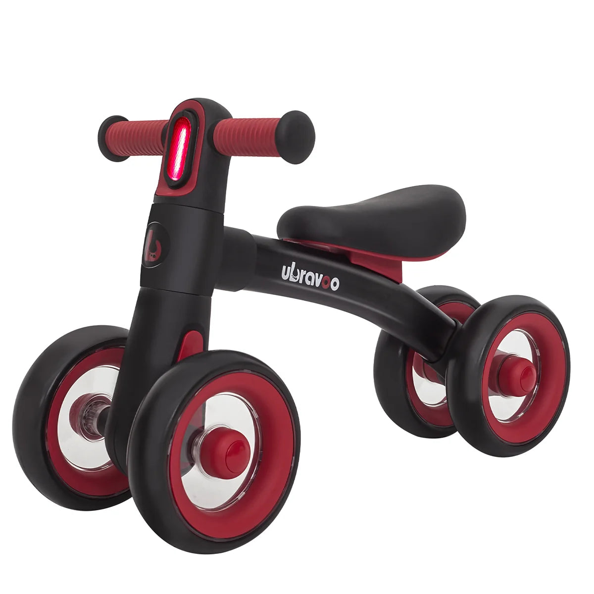 The Red-Black Sliding Balance Bike with 3 Mode Headlight and 4 transparent silent wheels is an ideal ride-on toy for birthdays and early learning, ensuring a safe, comfortable ride while helping your toddler develop gross motor skills.