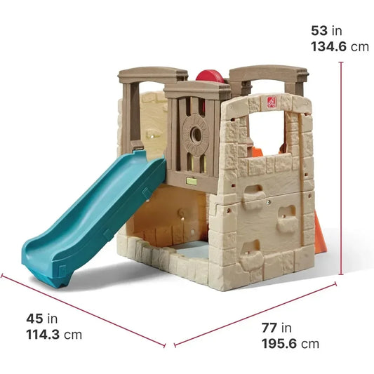 The Woodland Climber II Kids Playset for Ages 2 to 6 Years features a plastic structure with a toddler slide and brick-like walls, measuring 53 H x 45 W x 77 L (134.6 x 114.3 x 195.6 cm).