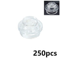 Transparent white MOC Bulk Brick Set (1x1, 1x2, 1x4, 2x4), clear building block wall panel house parts compatible with Lego. Shown in close-up with 250 pcs in bold black at the bottom right; inset reveals alternate angle for easy organizing.