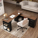 The L Shaped Electric Standing Desk with Drawers and Shelves, paired with an office chair, laptop, lamp, and books on a light rug in a home office with beige sofa and wooden flooring, features an industrial-grade steel frame for durability.